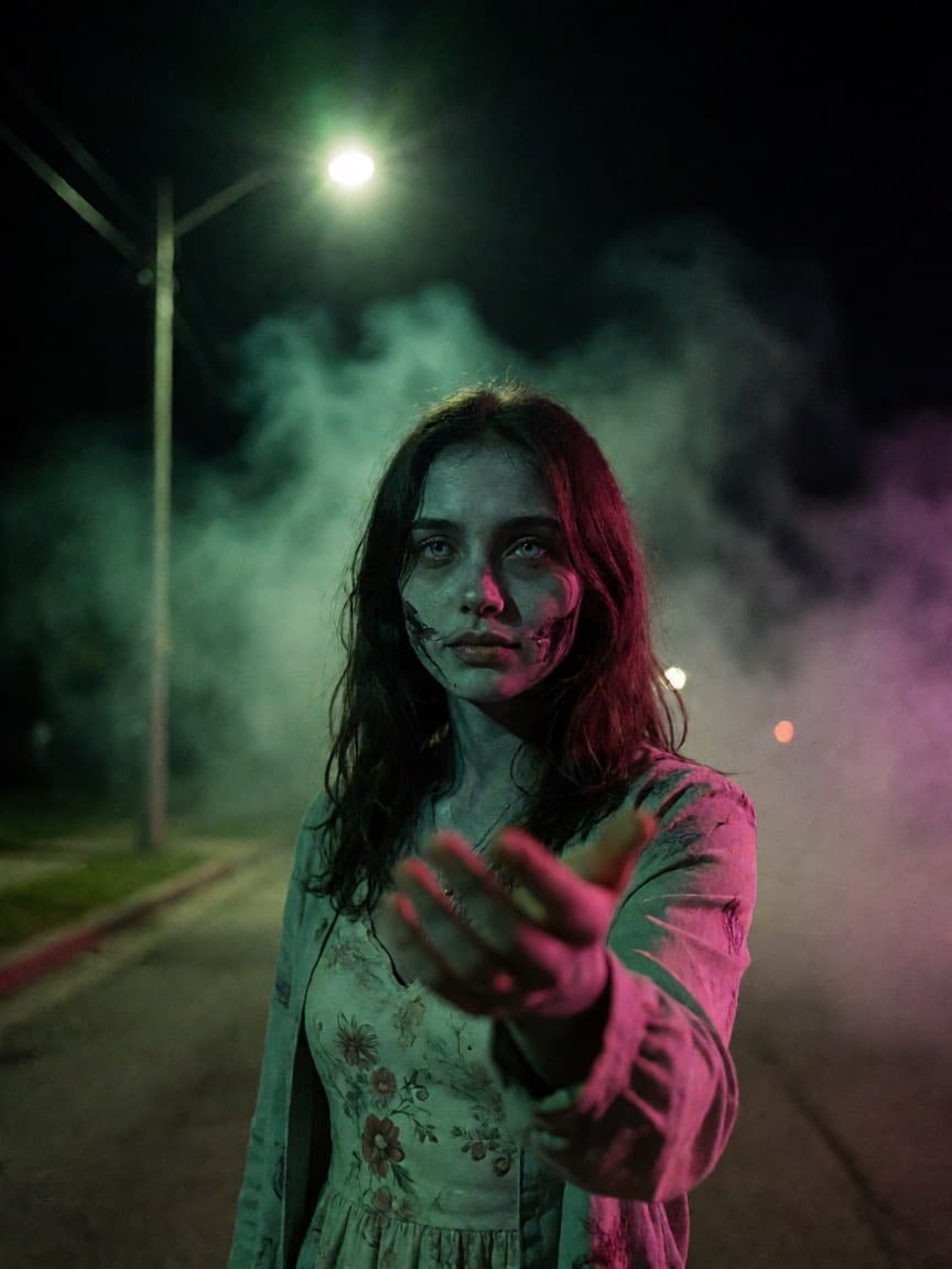 Zombie-Freundin greift unter einer Straßenlaterne nach dir – KI-Video-Variante Zombie-Freundin