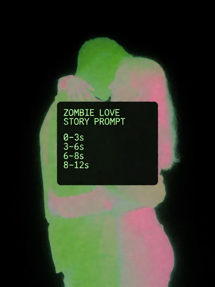 Der kopierbare Zombie-Liebesgeschichten-Prompt auf einer dunklen Karte im Terminal-Stil
